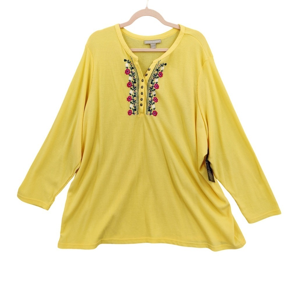 Woman Within Womens Cottagecore Boho Henley Top 3X Yellow Floral Embroidered NEW